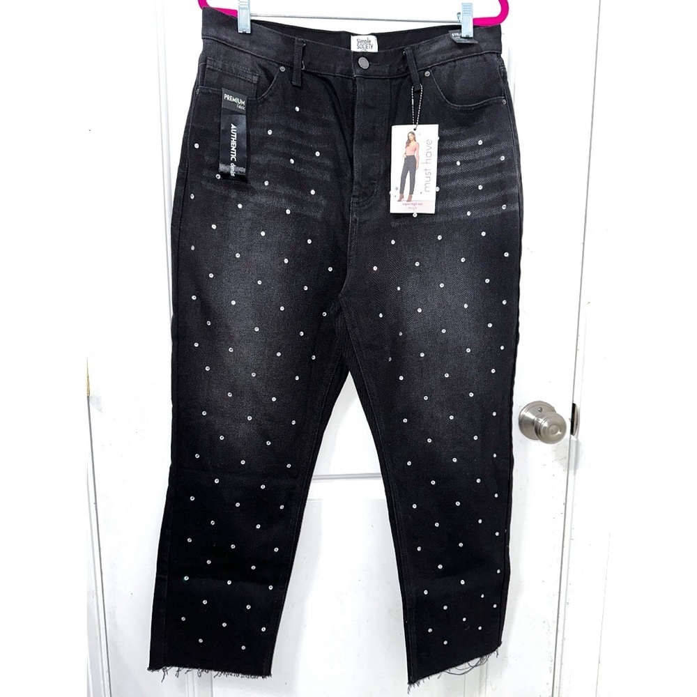 Simple Society Women's Diamond Black Straight High Rise Jeans Button Fly